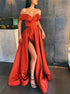 Off the Shoulder Red Prom Dress with High Slit LBQ1070